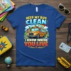 Keep My Bus Clean I Know Where You Live funny quote t-shirt with a school bus graphic and rainbow