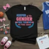 Keeper of the Gender Free Throws or Pink Bows text on a black t-shirt, with pink and blue lettering, and