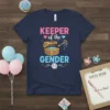 Keeper of the Gender t-shirt design with a treasure chest, key, and question marks, in pink and blue text