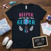 Keeper of the Gender t-shirt with hot air balloon, baby feet, and hearts, designed for gender reveal parties