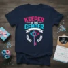 Keeper of the Gender T-Shirt design with pink and blue text, a key graphic, and laurel leaves