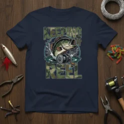 Keeping It Reel bass fishing t-shirt with a large bass jumping near a fishing reel, featuring camouflage text