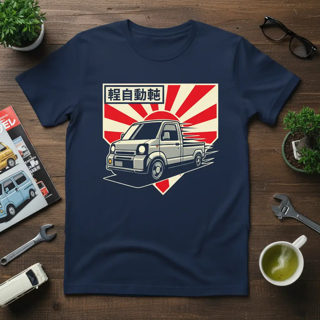 Kei Truck 軽自動車 Japanese mini truck illustration with bold text on a t-shirt