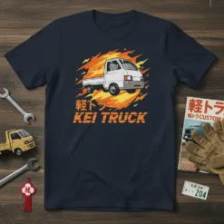 Navy t-shirt featuring a white Kei truck with orange and yellow flames graphic and "KEI TRUCK" text