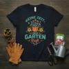 German phrase "KEINE ZEIT DER GARTEN Ruft" with a floral pot design on a black t-shirt