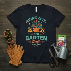 German phrase "KEINE ZEIT DER GARTEN Ruft" with a floral pot design on a black t-shirt