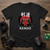 KENDO sword fighting Japanese martial art design with two figures in protective gear clashing bamboo swords, set against a red