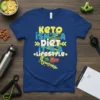Keto Isn't A Diet It's A Lifestyle text design with colorful fonts and graphics of keto-friendly foods on a blue
