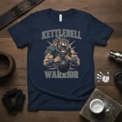 Kettlebell Warrior t-shirt design featuring a muscular lion wearing armor and holding a kettlebell, with text above and below