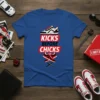 Kicks Before Chicks text design with sneakers graphic on a blue t-shirt, perfect for sneakerheads