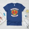 Kidney Squad t-shirt design featuring bold text and cartoon kidneys, with a blue ribbon symbol nearby