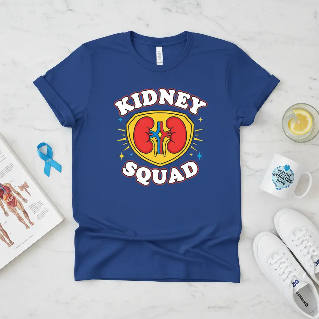 Kidney Squad text with cartoon kidneys graphic on a royal blue t-shirt for medical professionals