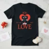 Kiki. Do you LOVE me? text with cartoon hearts and embracing figures on a black t-shirt