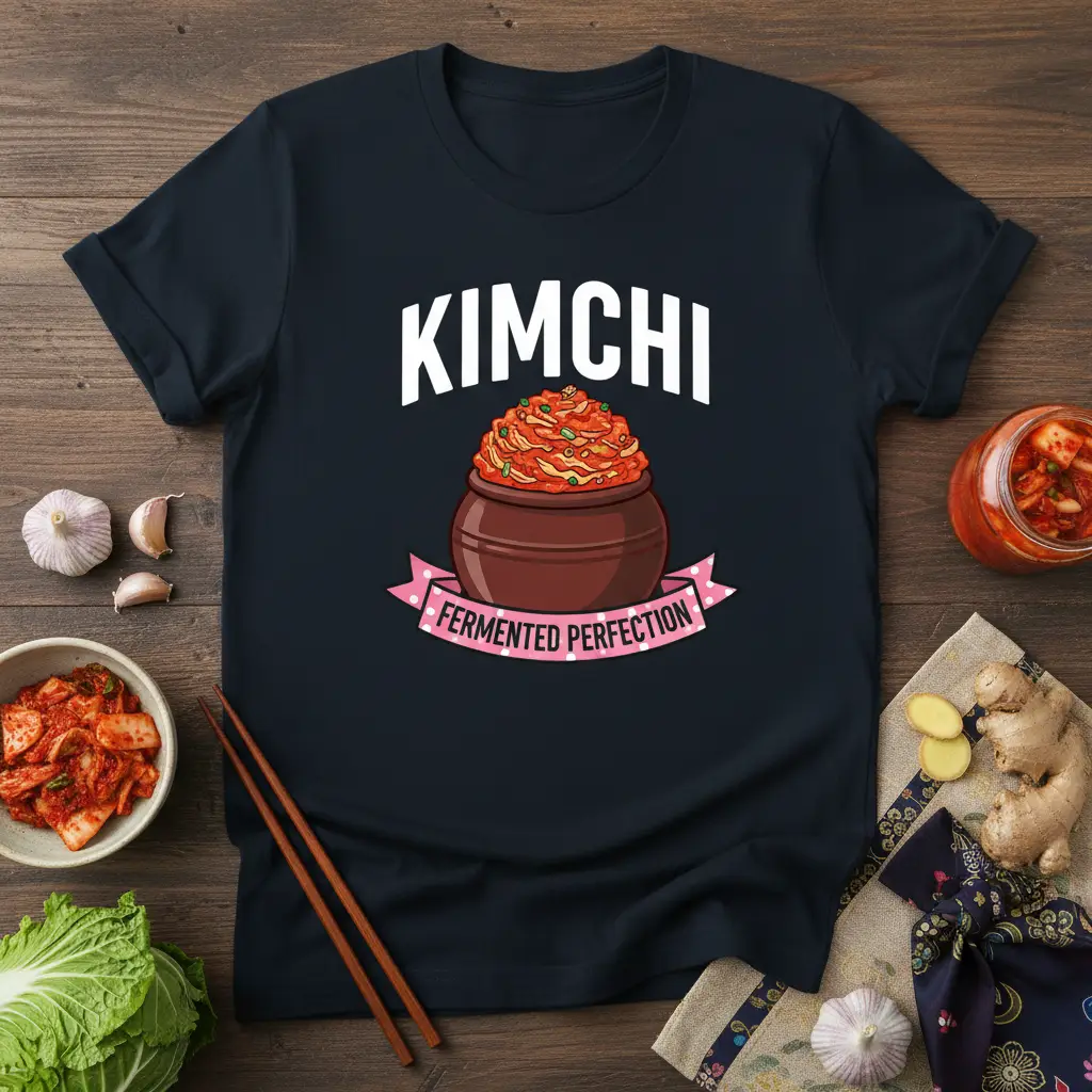 Kimchi Fermented Perfection t-shirt design with bold white text and a graphic of a kimchi pot