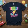 Kinder Garten Rocket T-Shirt with colorful text and a yellow rocket launching through clouds, designed for back to school