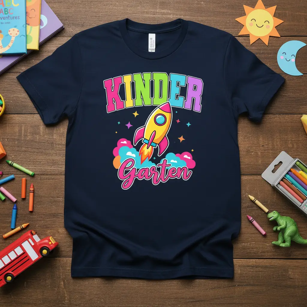 Kinder Garten Rocket T-Shirt with colorful text and a launching rocket, ideal for back to school celebrations
