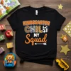 Kindergarten Child My Squad text design with animal print letters and an arrow graphic on a black t-shirt