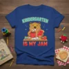 Kindergarten Is My Jam T-Shirt featuring a beaver eating toast with jam and drinking coffee, with "KINDERGARTEN IS MY JAM"
