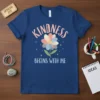 Kindness Begins With Me quote with a pastel flower graphic on a navy blue t-shirt