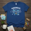 Kindness is Contagious quote T-shirt design with white text, blue waves, and a golden heart graphic