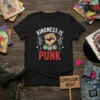 Black t-shirt with white text "KINDNESS IS PUNK" featuring a raised fist graphic, roses, musical notes, and sound waves