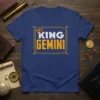 King Gemini zodiac t-shirt with bold white and orange text, featuring a crown graphic