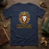 King Leo T-Shirt featuring a majestic lion wearing a golden crown on a navy blue tee, text "KING LEO" below