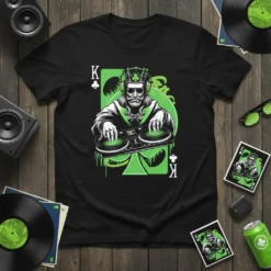 King of Clubs DJ graphic t-shirt design featuring a crowned man with headphones mixing on turntables, set against a large