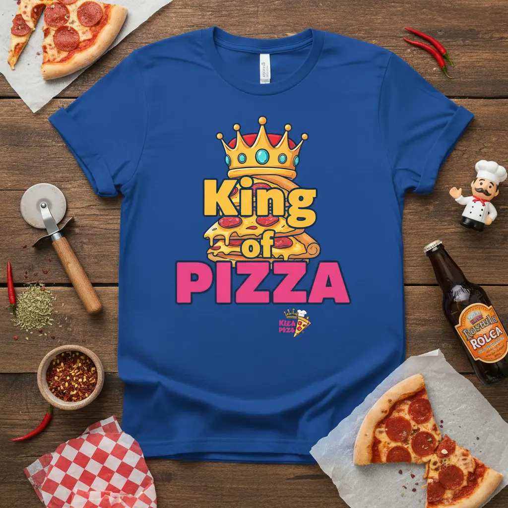 King of PIZZA text design with crown and pizza slices, perfect for pizza lovers