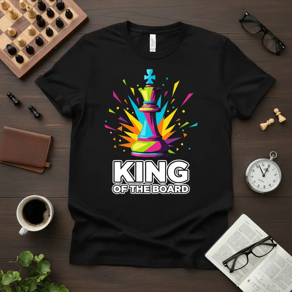 King Of The Board text design with a vibrant, abstract chess king graphic for chess players