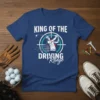 King of the Driving Range t-shirt design featuring a golfer in mid-swing within a target graphic
