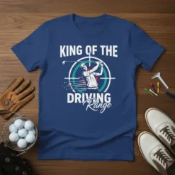 King of the Driving Range t-shirt design featuring a golfer in mid-swing within a target graphic