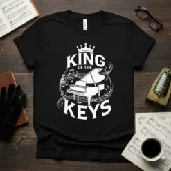 King of the Keys T-Shirt design with a grand piano and musical notes, perfect for piano players