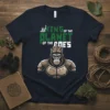 King of the Planet of the Apes t-shirt design with a crowned gorilla wearing armor and the text "KING OF