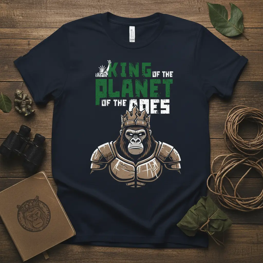 King of the Planet of the Apes text with a crowned armored gorilla graphic on a dark navy t-shirt