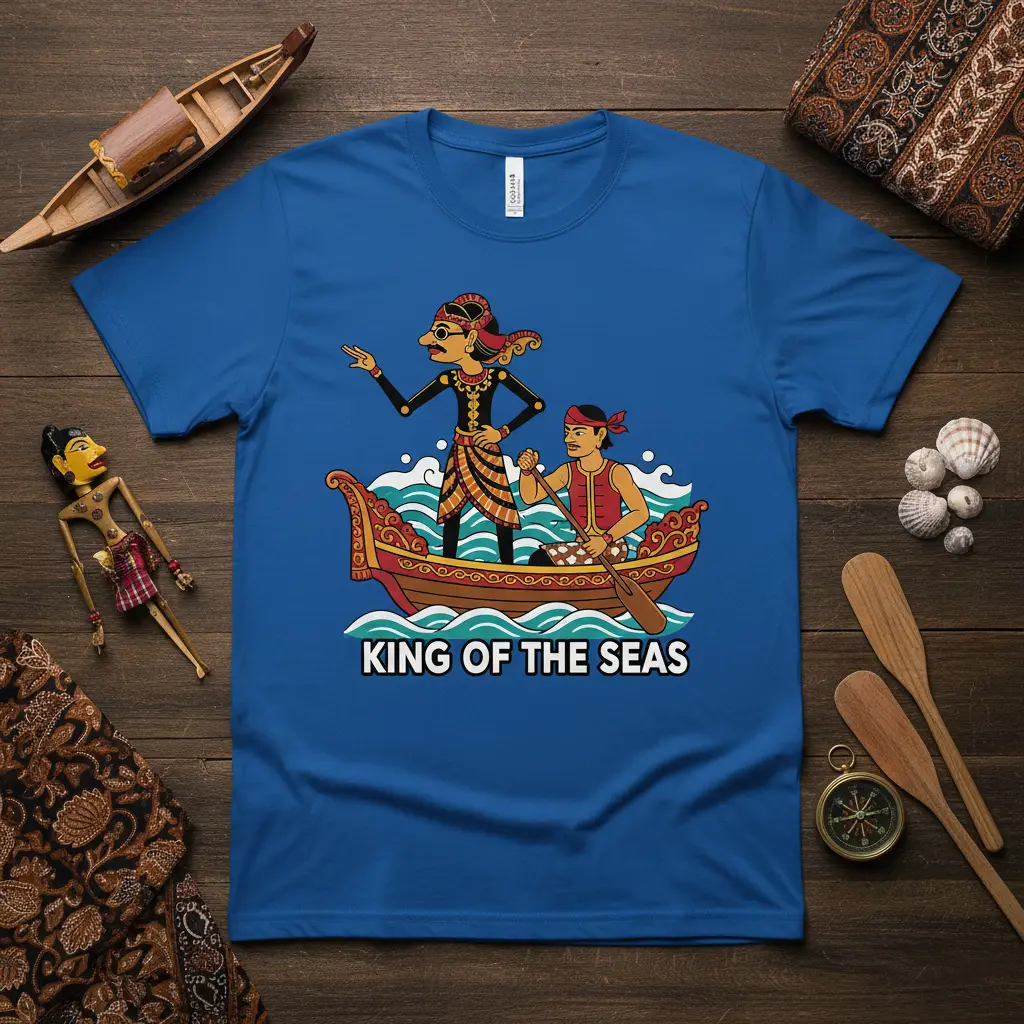 King Of The Seas text on a blue t-shirt featuring a traditional boat and figures in wavy water