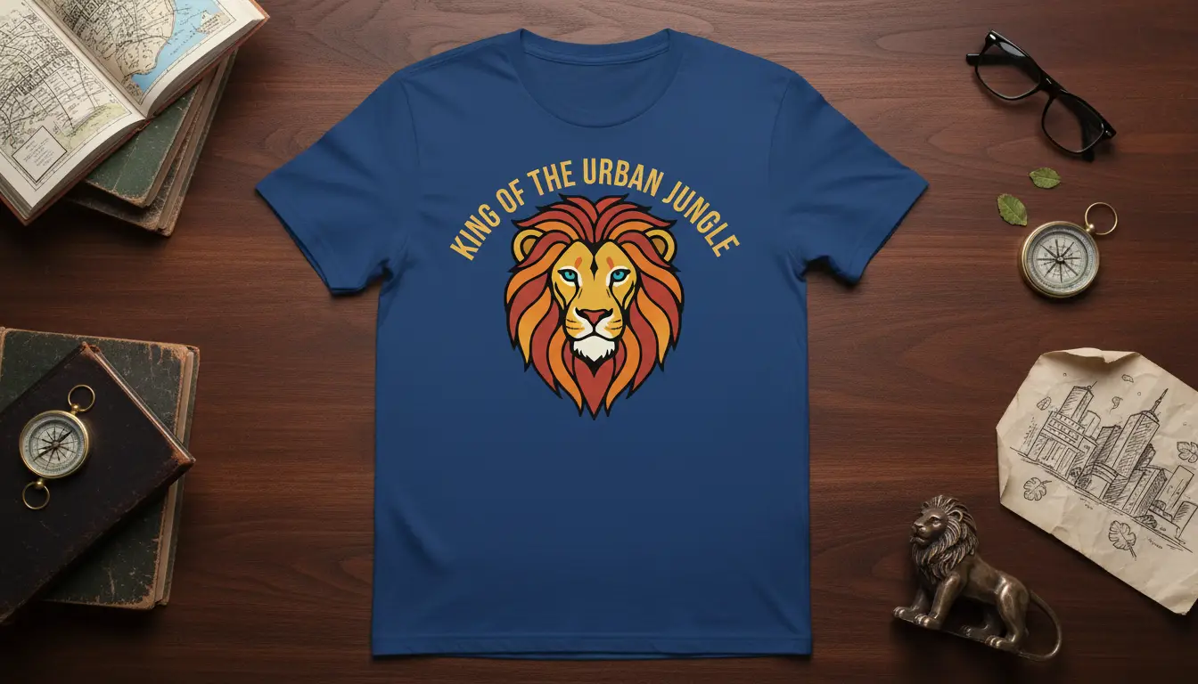 King of the Urban Jungle text design with a stylized lion head graphic on a navy t-shirt