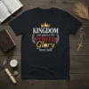 Black t-shirt with "KINGDOM and yours is the POWER Glory forever Amen" text in gold, white, and red, featuring a