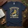 Kingdom Of Heaven T-Shirt with a gold lion wearing a crown and stars, on a navy blue tee