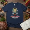 Kingdom of Morocco Lion Crest T-Shirt with Arabic text, featuring a lion's head, swords, and Moroccan flag emblem