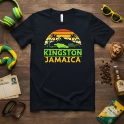 Retro sunset design featuring "KINGSTON JAMAICA" text with palm trees and iconic landmarks, printed on a black t-shirt