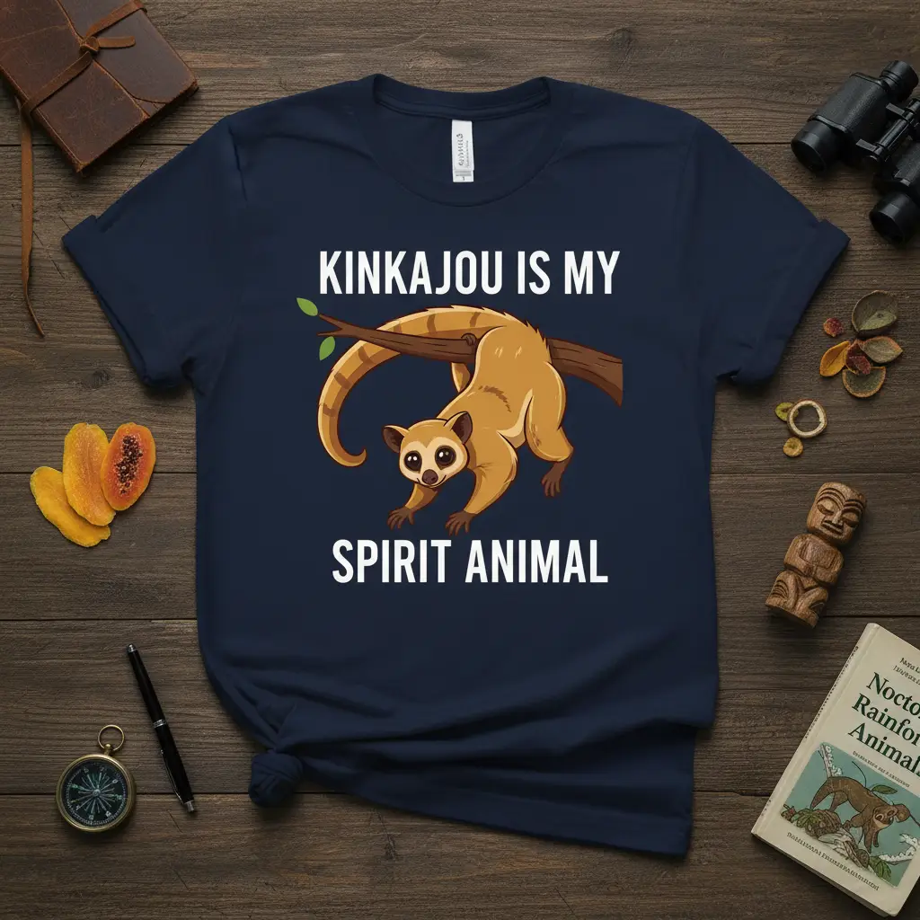 Kinkajou is my spirit animal quote on a navy t-shirt with cartoon kinkajou graphic