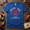 Kiss Me Now T-Shirt with red intertwined hearts and white text, styled on a blue t-shirt