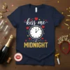 Kiss Me At Midnight New Year's Eve t-shirt with a clock graphic and hearts