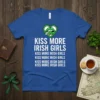 KISS MORE IRISH GIRLS T-Shirt with green lips and shamrock graphic, perfect for St. Patrick's Day celebrations
