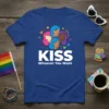 KISS Whoever You Want text with diverse faces graphic on a blue t-shirt, pride theme