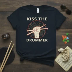 Kiss The Drummer t-shirt design featuring drumsticks held in a fist, with musical notes and radiating lines