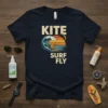 KITE SURF FLY text with graphic of a kitesurfer riding a wave at sunset, vintage style