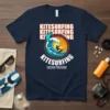 Navy t-shirt featuring "Kitesurfing Ocean Freedom" text with a dynamic graphic of a kitesurfer riding a wave under a sunset