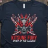 Kitsune Fury Spirit of the Samurai T-Shirt design featuring a fierce Japanese fox mask with fiery accents and crossed swords